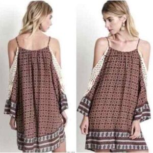 Umgee|Boho crotchet cold shoulder flowy dress in black & tan tones••Beachy LARGE